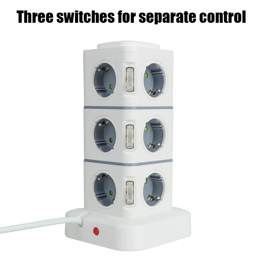 1-Tower 12 Way Outlets Socket Multi Power Strip Vertical 2.8m Extension Cord EU Plug with 4 USB Overload Protector Switch 220V 10A