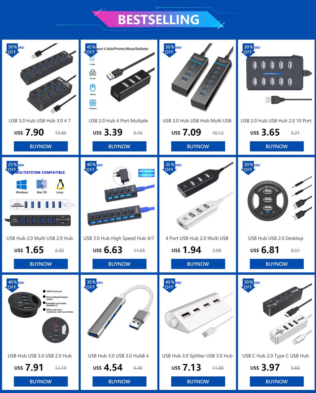 4-USB Hub 3.0 Hub USB 3 USB 2.0 Multi USB Splitter Power Adapter 4/7 Port Multiple Expander 2.0 with Switch for PC Accessories