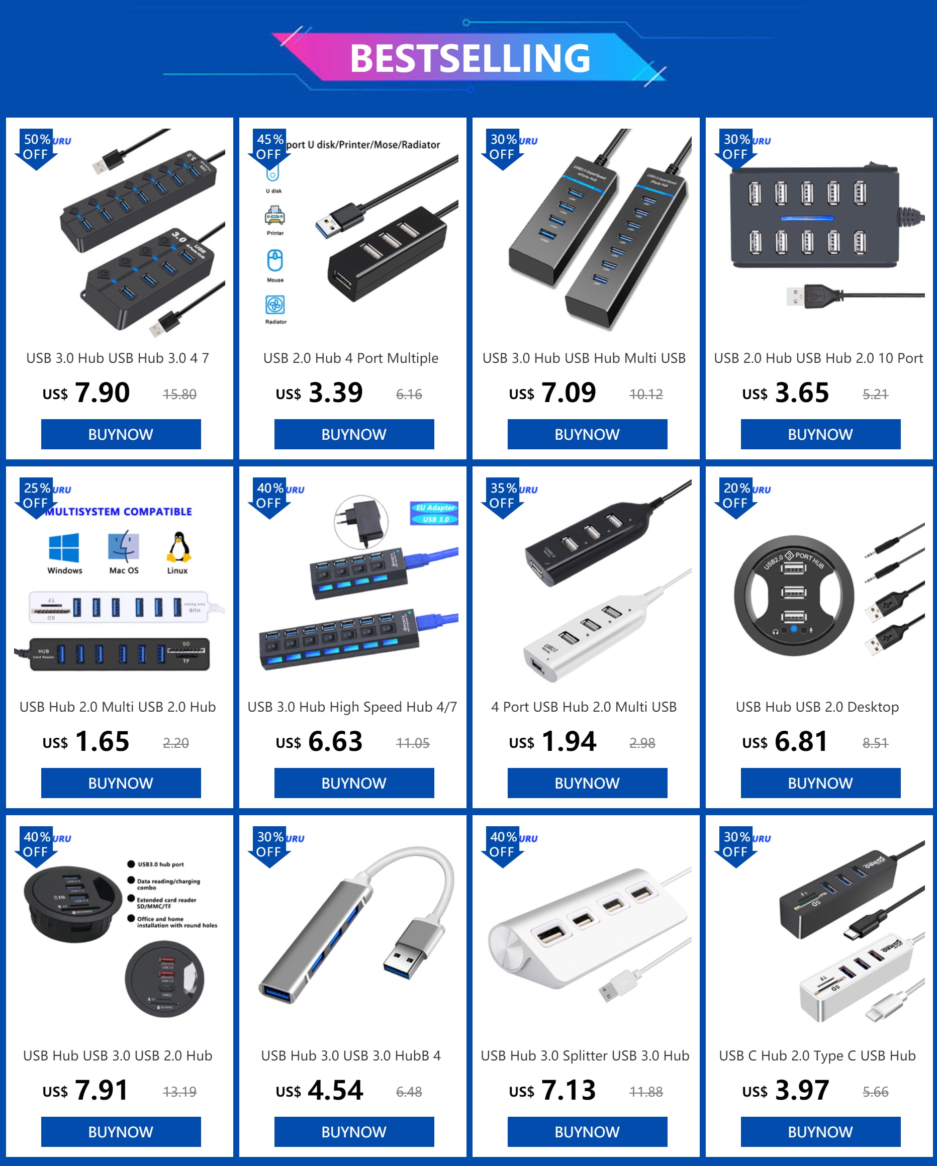 4-USB Hub 3.0 Hub USB 3 USB 2.0 Multi USB Splitter Power Adapter 4/7 Port Multiple Expander 2.0 with Switch for PC Accessories