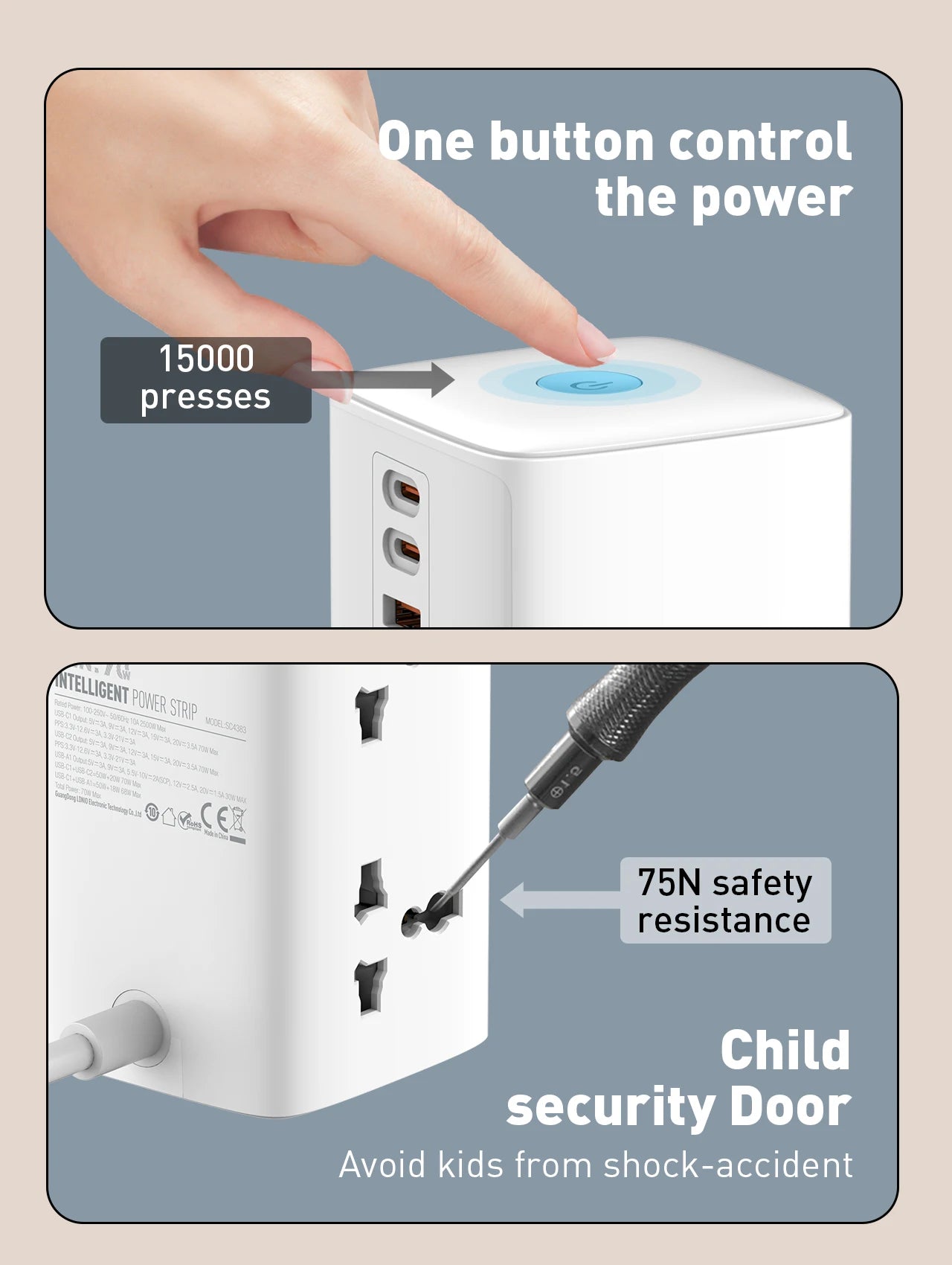 1-Tower 4 Way Outlets Socket 70W USB Multi Power Strip Vertical 2m Extension Power Cord UK EU US AU Plug with Overload Protector