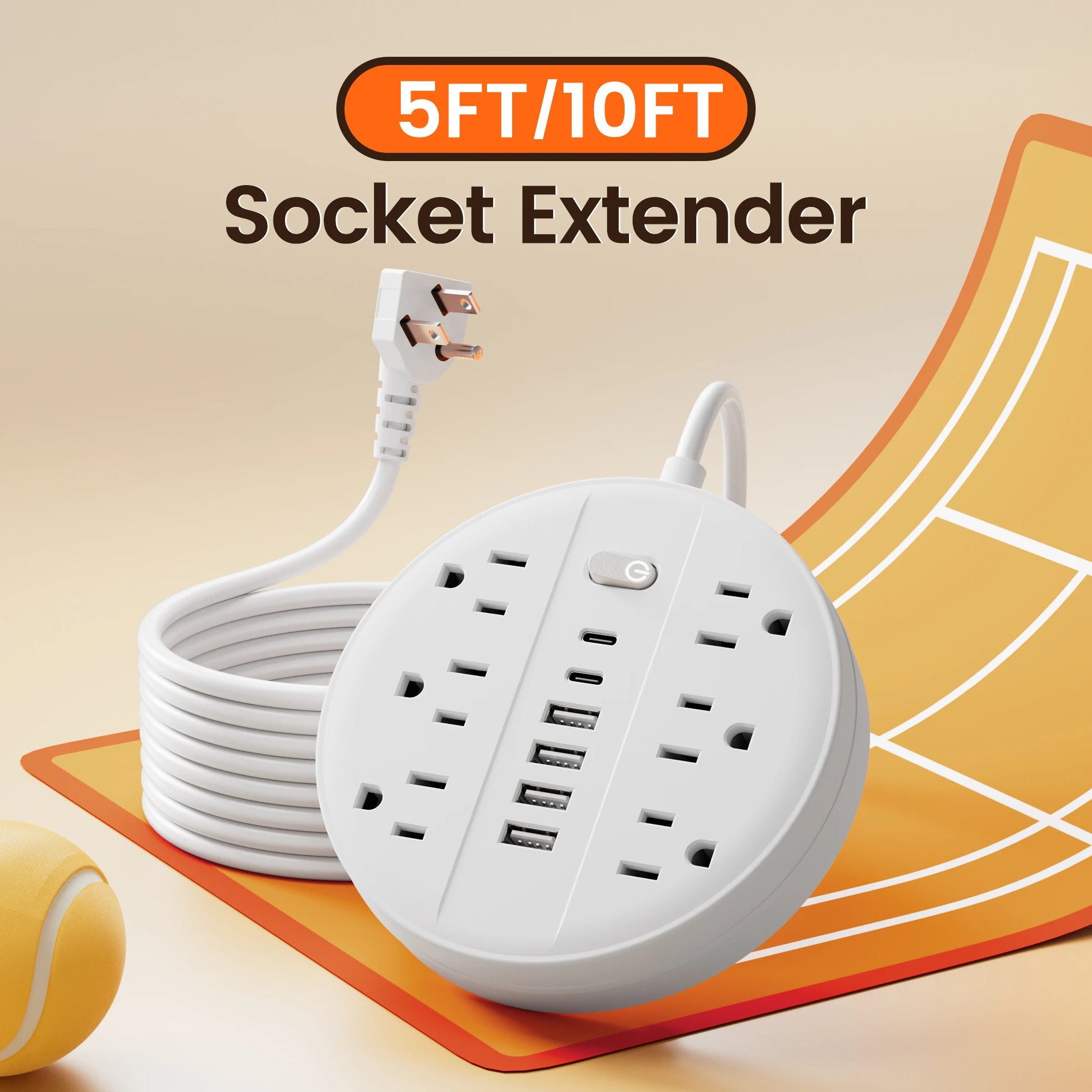 US Power Strip with 6 AC Outlets & 6 USB (2× USB‑C) – Surge Protected, 5 ft/10 ft Cord Options
