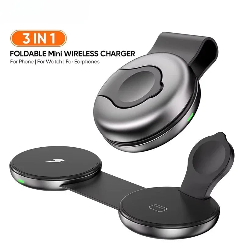 Mini Travel Charger Wireless Charging 3 in 1 Portable Foldable Fast Charger Dock for IPhone 16 15 14 AirPods Apple Watch