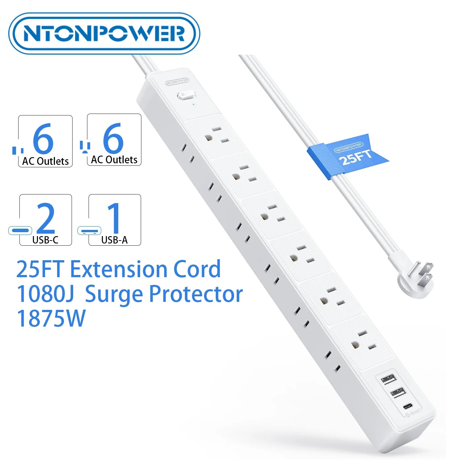 6 AC Outlet Power Strip with 3 USB Ports (1 USB-C) & 25FT Extension Power Cord Surge Protector & Network Filter US Plug