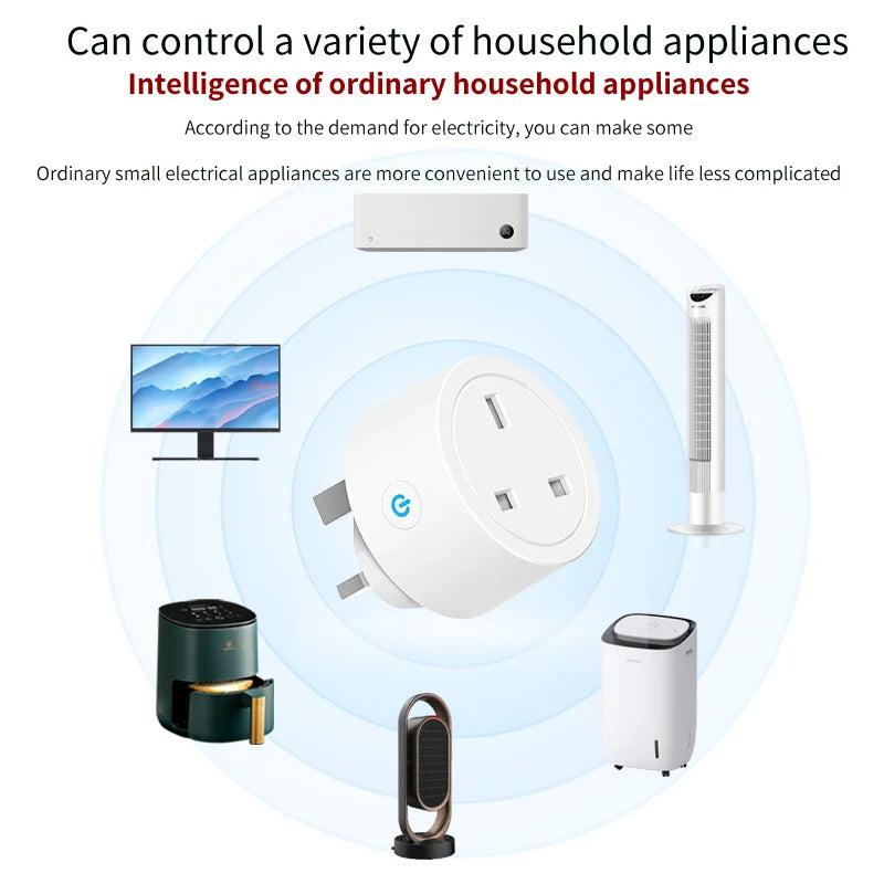 Smart home device controlling various appliances with text on a white background