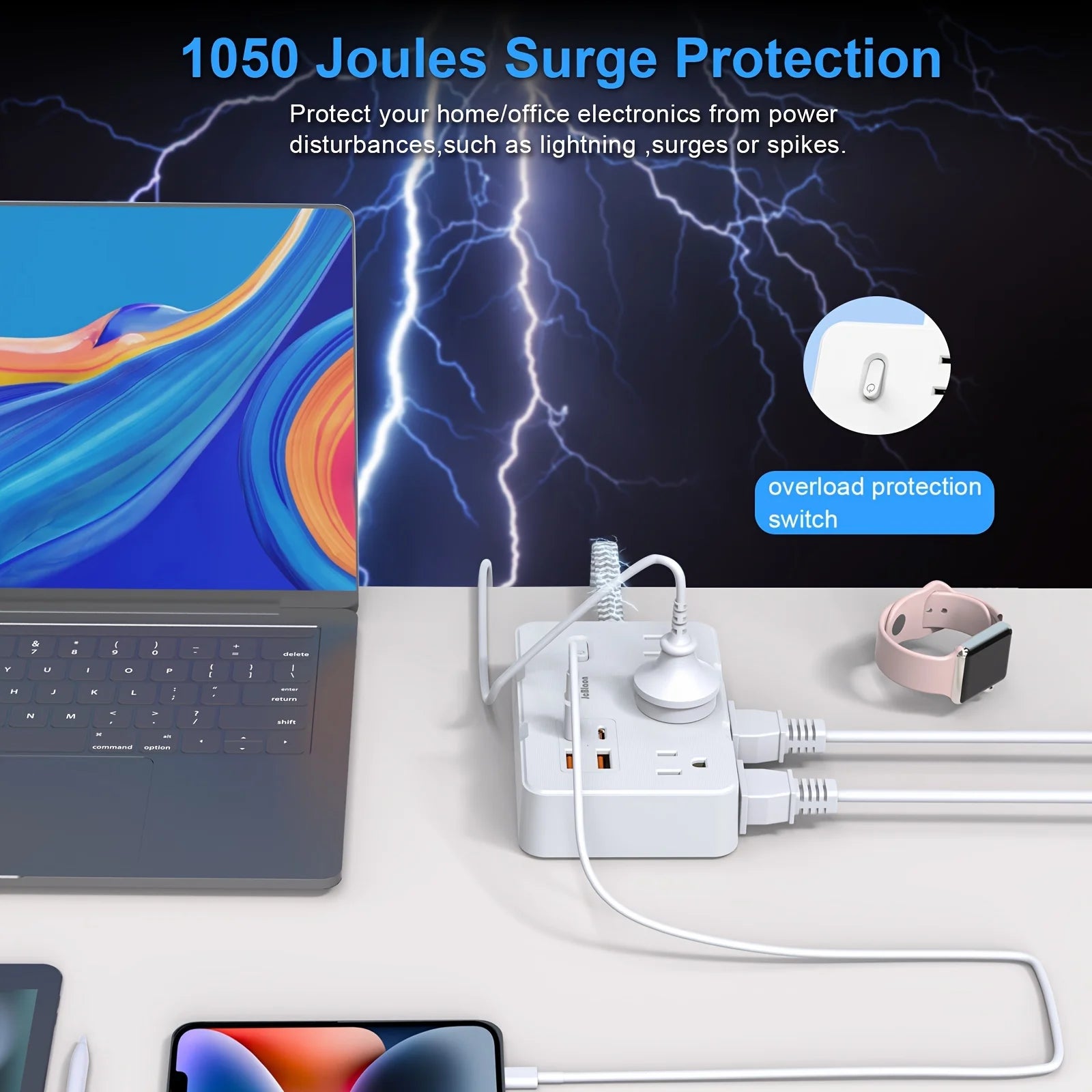 Surge protector with multiple outlets and cables connected, featuring 1050 Joules surge protection on a dark background.