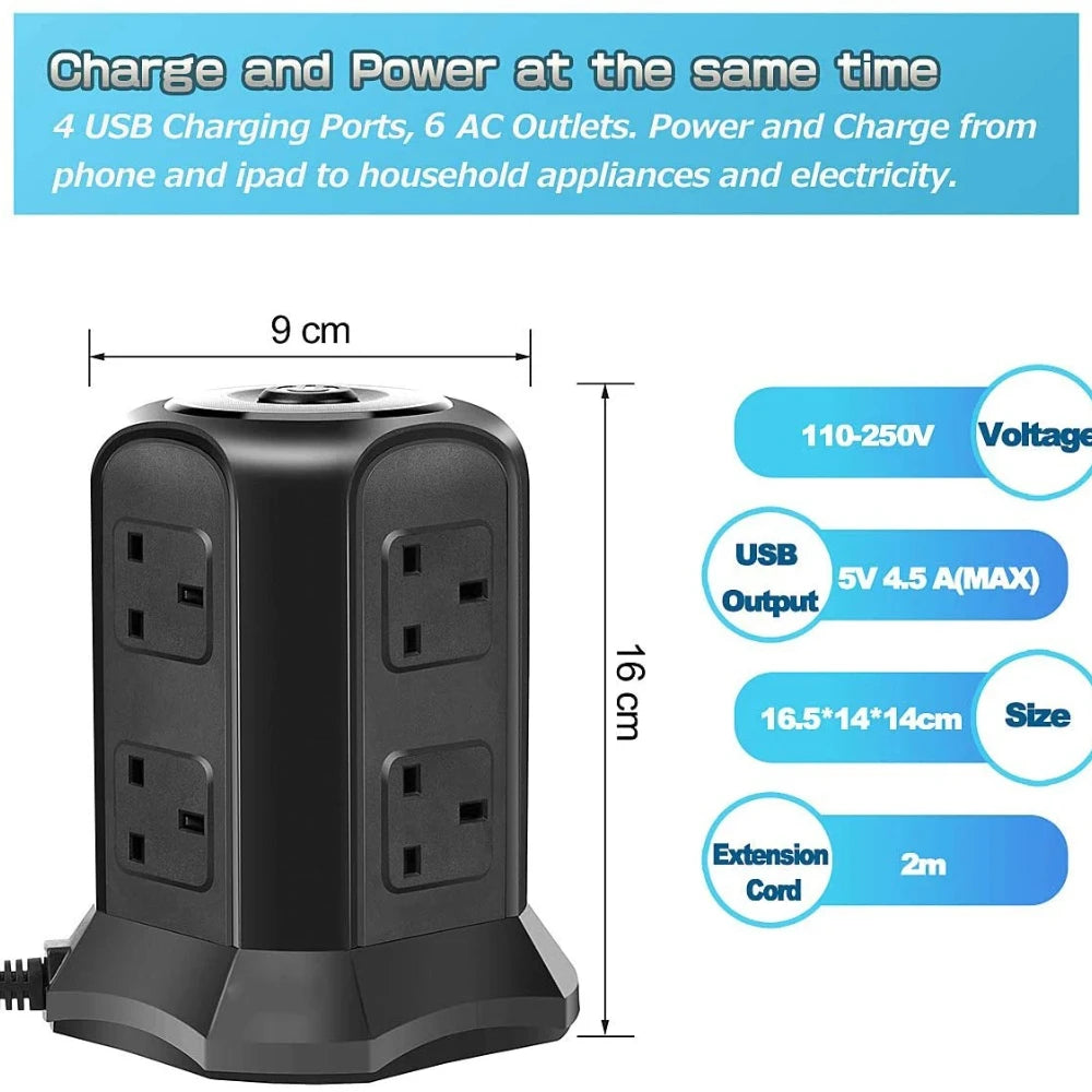 Black power strip with multiple outlets and USB ports, featuring dimensions and specifications.