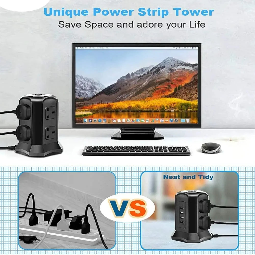 Power strip tower with a computer setup, showing before and after images of cluttered vs neat cables.
