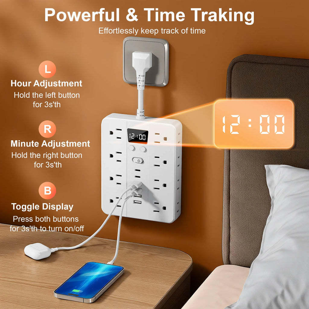 Wall-mounted clock with digital display on a nightstand, showing time and features.Wall-mounted clock with a digital display on a nightstand, displaying the time and additional features.