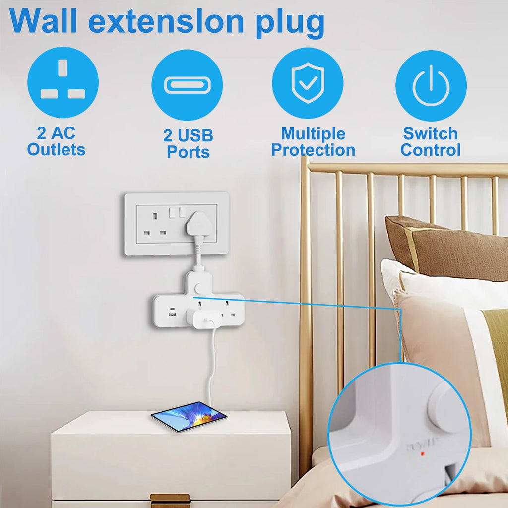 Wall extension plug with multiple features in a bedroom setting