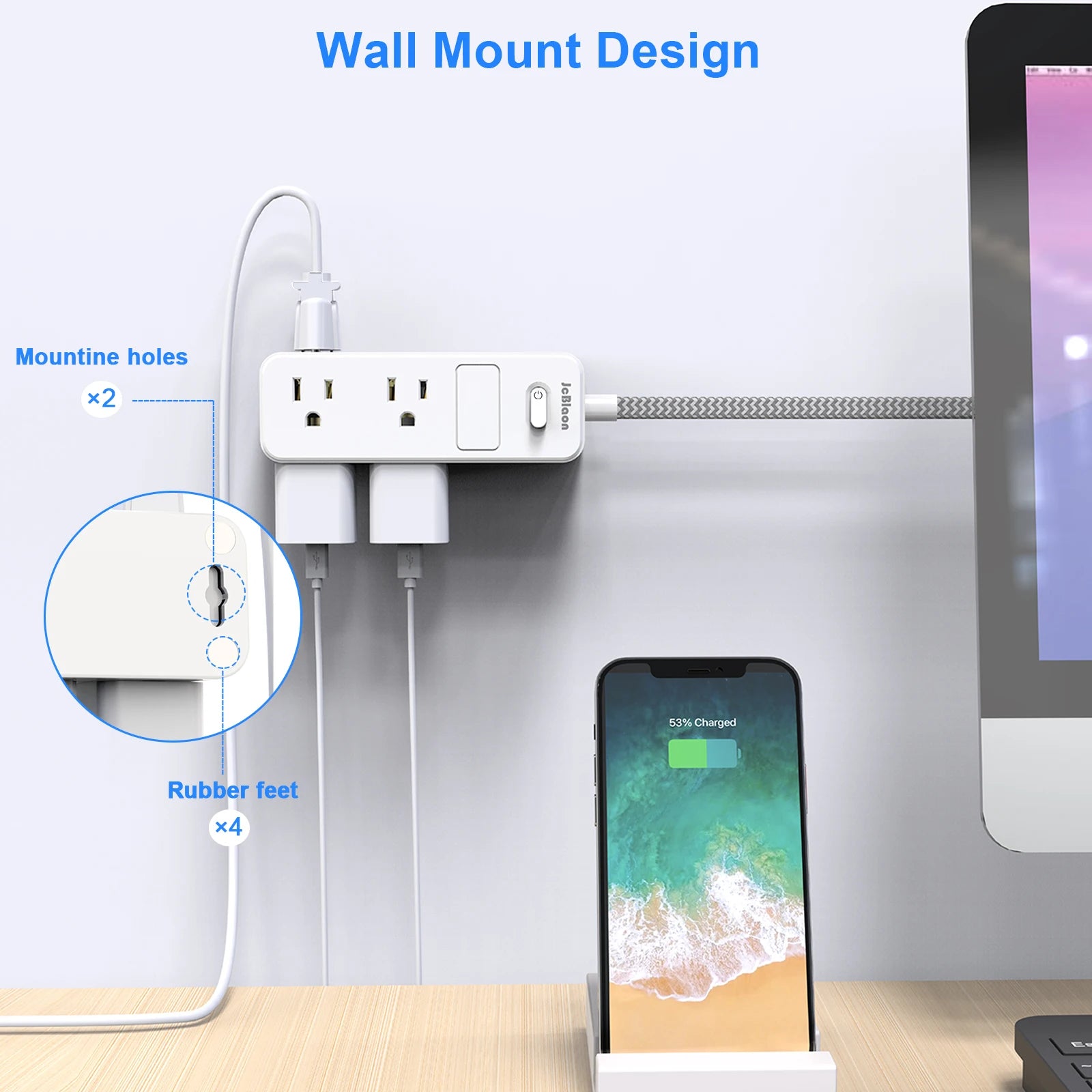 Wall mount design with power strip, phone, and tablet on a white background