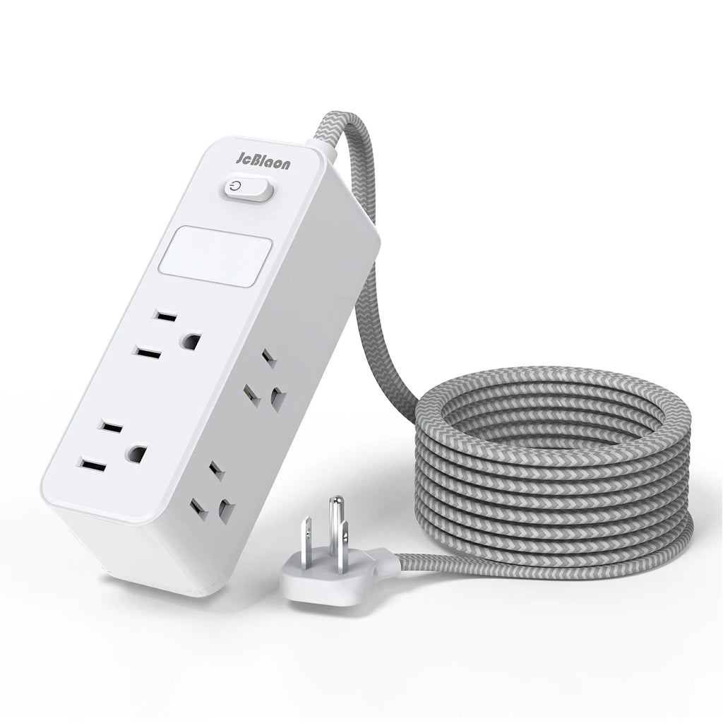 White power strip with coiled gray cable on a white background