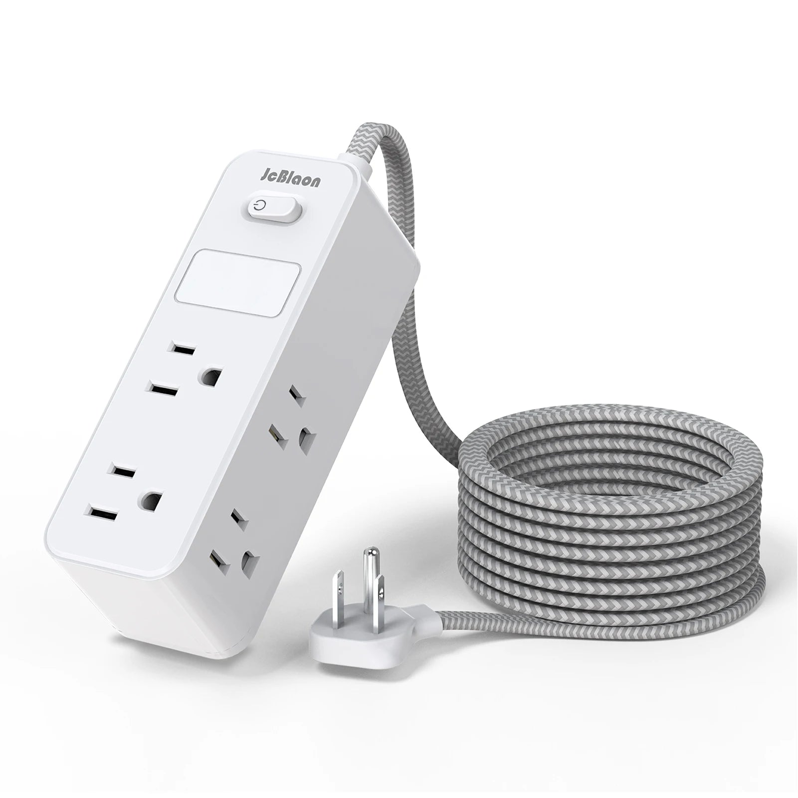 White power strip with coiled gray cable on a white background
