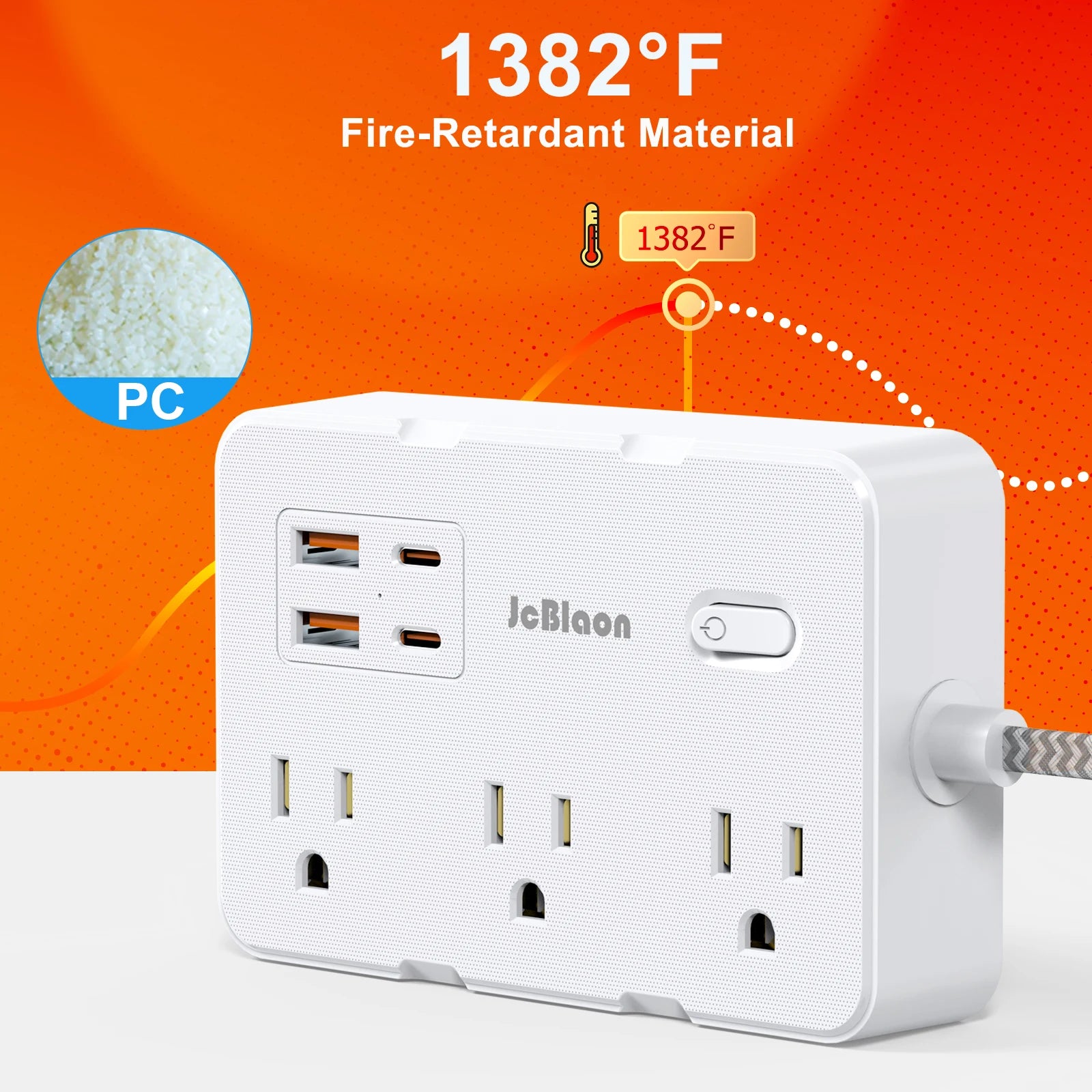 White power strip with multiple outlets and USB ports on an orange background, featuring fire-retardant material information.