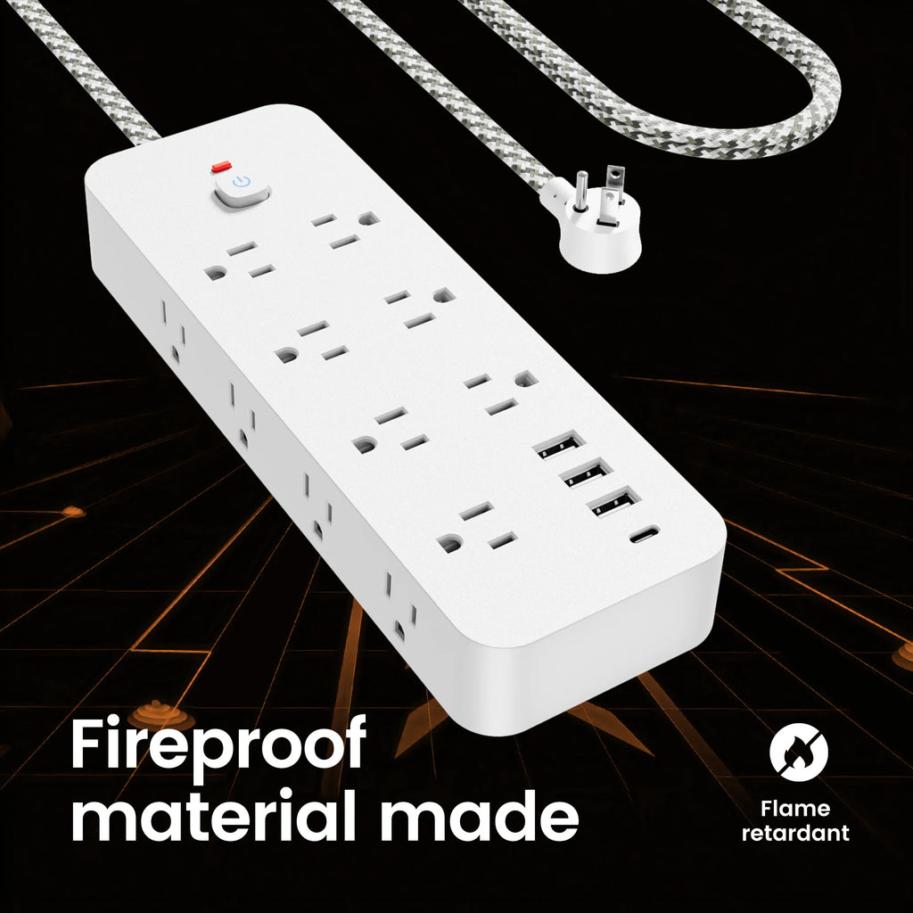 White power strip with multiple outlets and USB ports on a dark background, featuring the brand 'Flame retardant'. 
18-in-1 smart power strip with USB-C ports and ft braided extension cord
