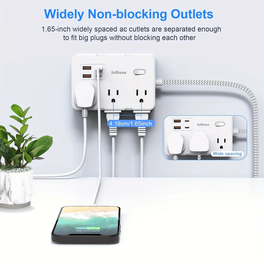White power strip with multiple outlets and USB ports on a light gray background