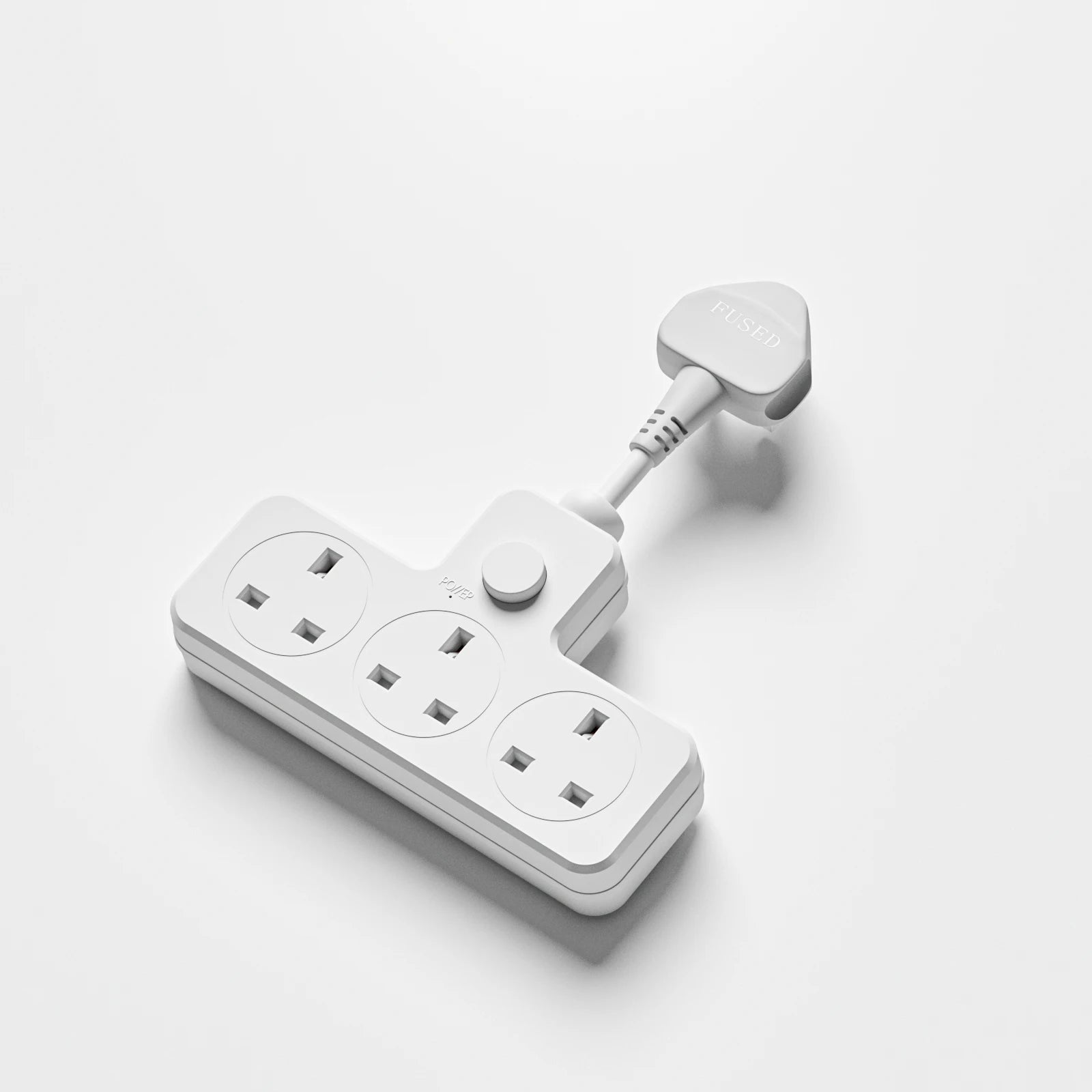 White power strip with multiple outlets on a light gray background