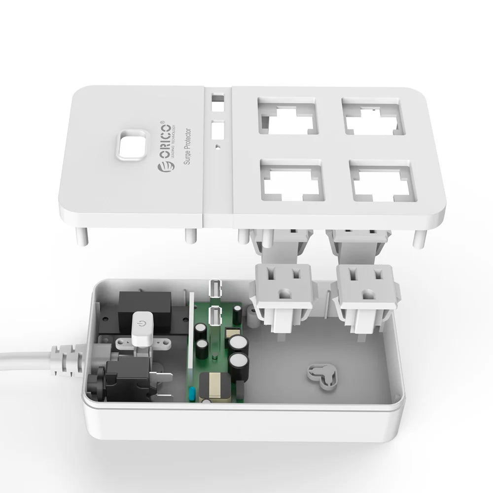 White power strip with multiple outlets on a white background