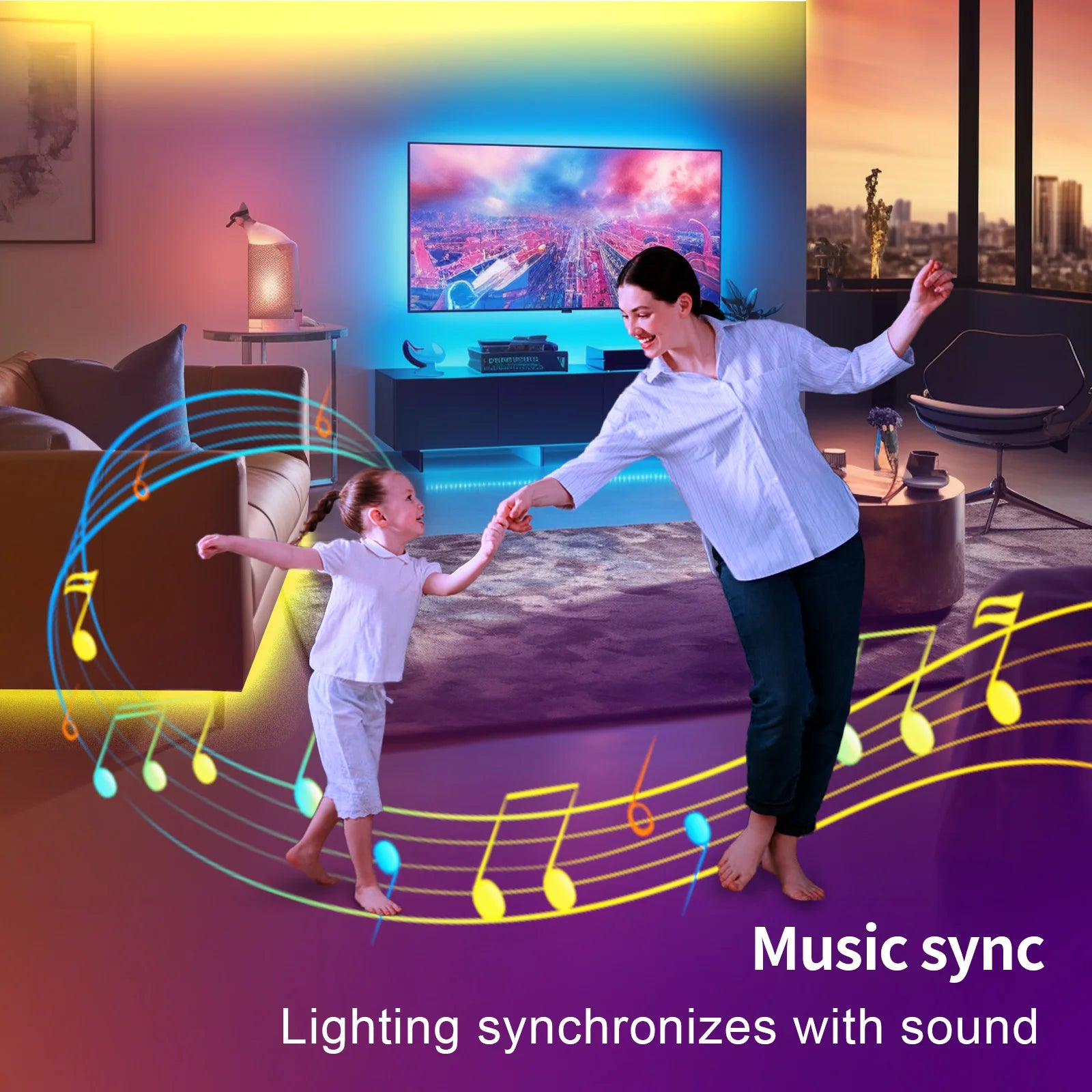 A woman and child dancing in a living room with colorful lighting synchronized to music.