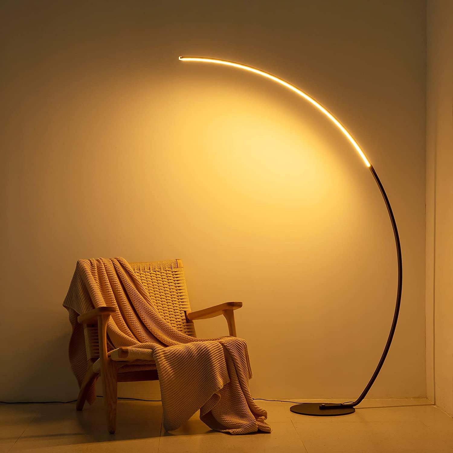 "Modern RGBW curve floor lamp with dimmable settings and remote"