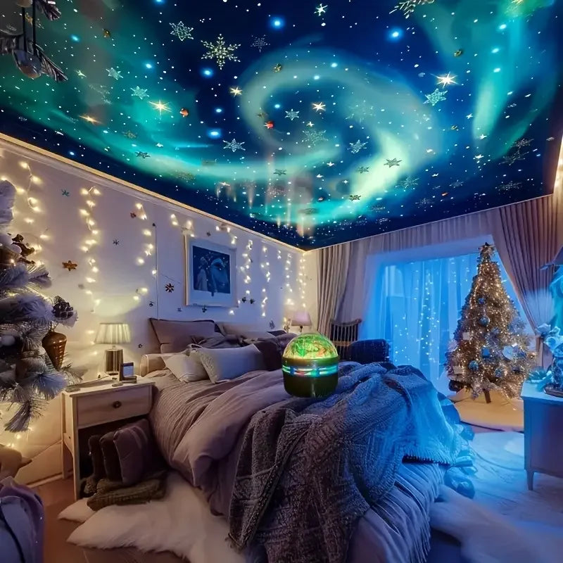 LED galaxy projector illuminating a bedroom ceiling
