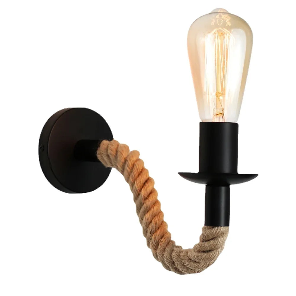 Vintage hemp rope wood wall lamp E27 front view