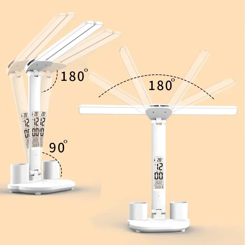 LED desk lamp showing calendar, clock, and temperature display