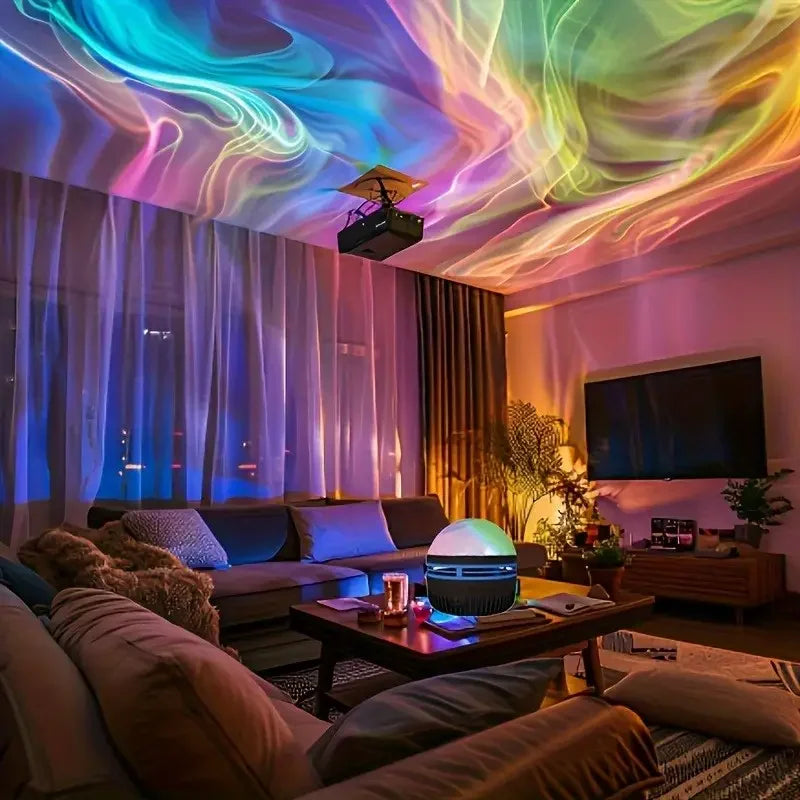 LED galaxy projector light in black with colorful nebula effect