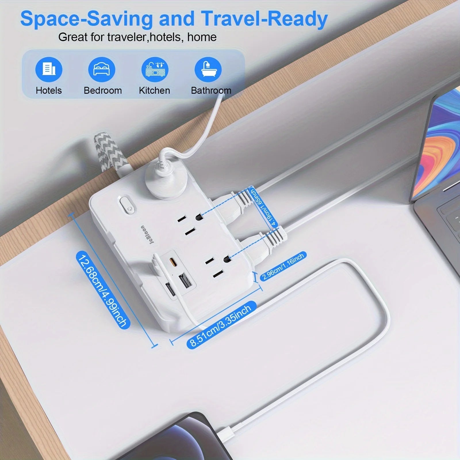 Compact power strip with multiple outlets and USB ports on a desk, labeled for hotels, bedroom, kitchen, and bathroom use.