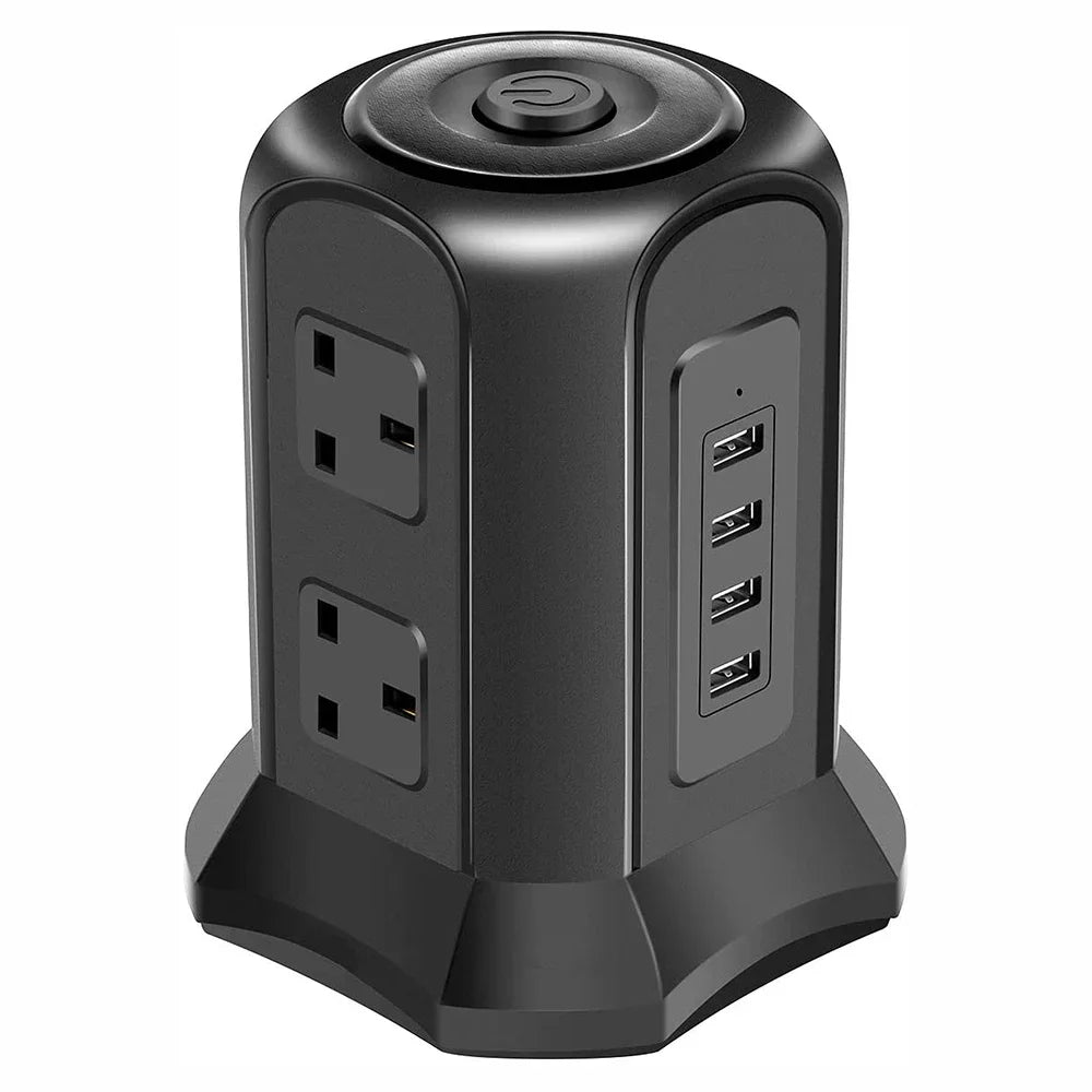 Black power strip with multiple outlets and USB ports on a white background
