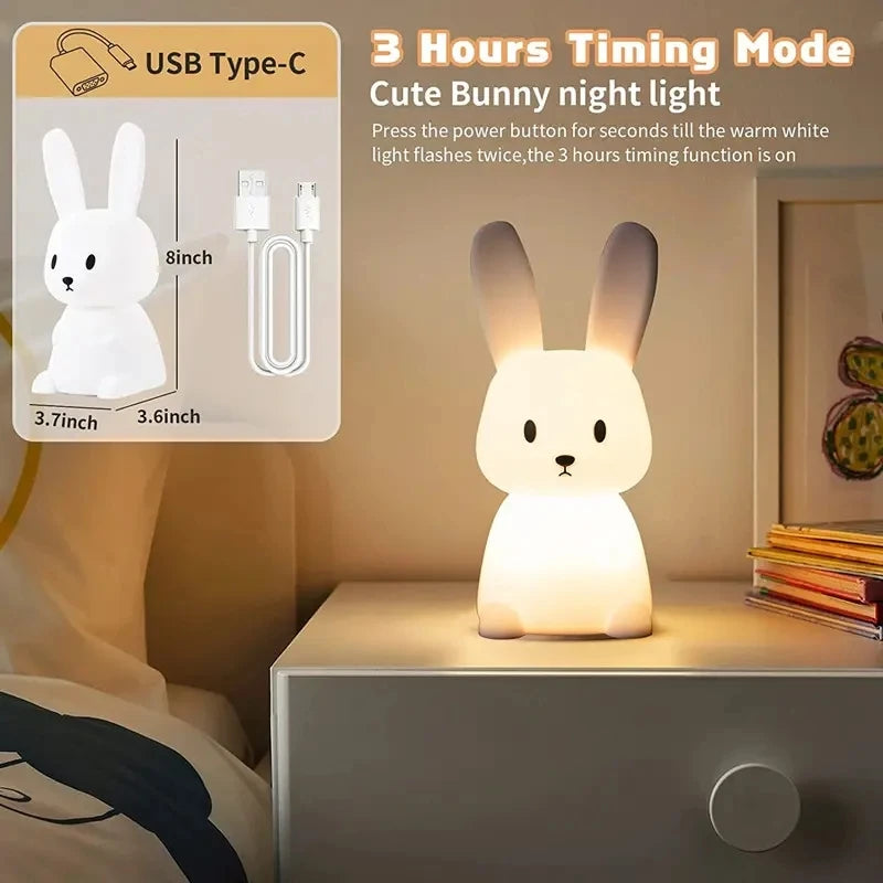 USB rechargeable rabbit night light on a bedside table
