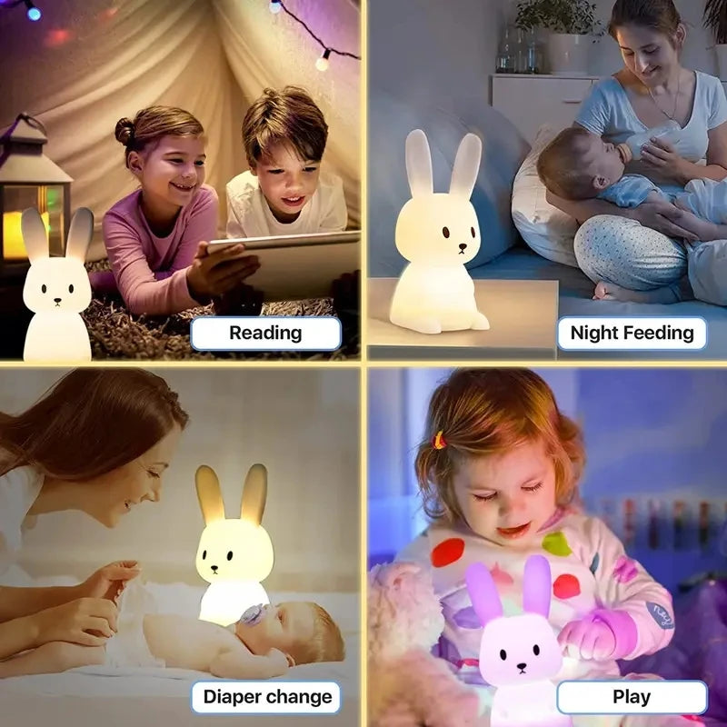 Soft silicone rabbit night light being kneaded as toy