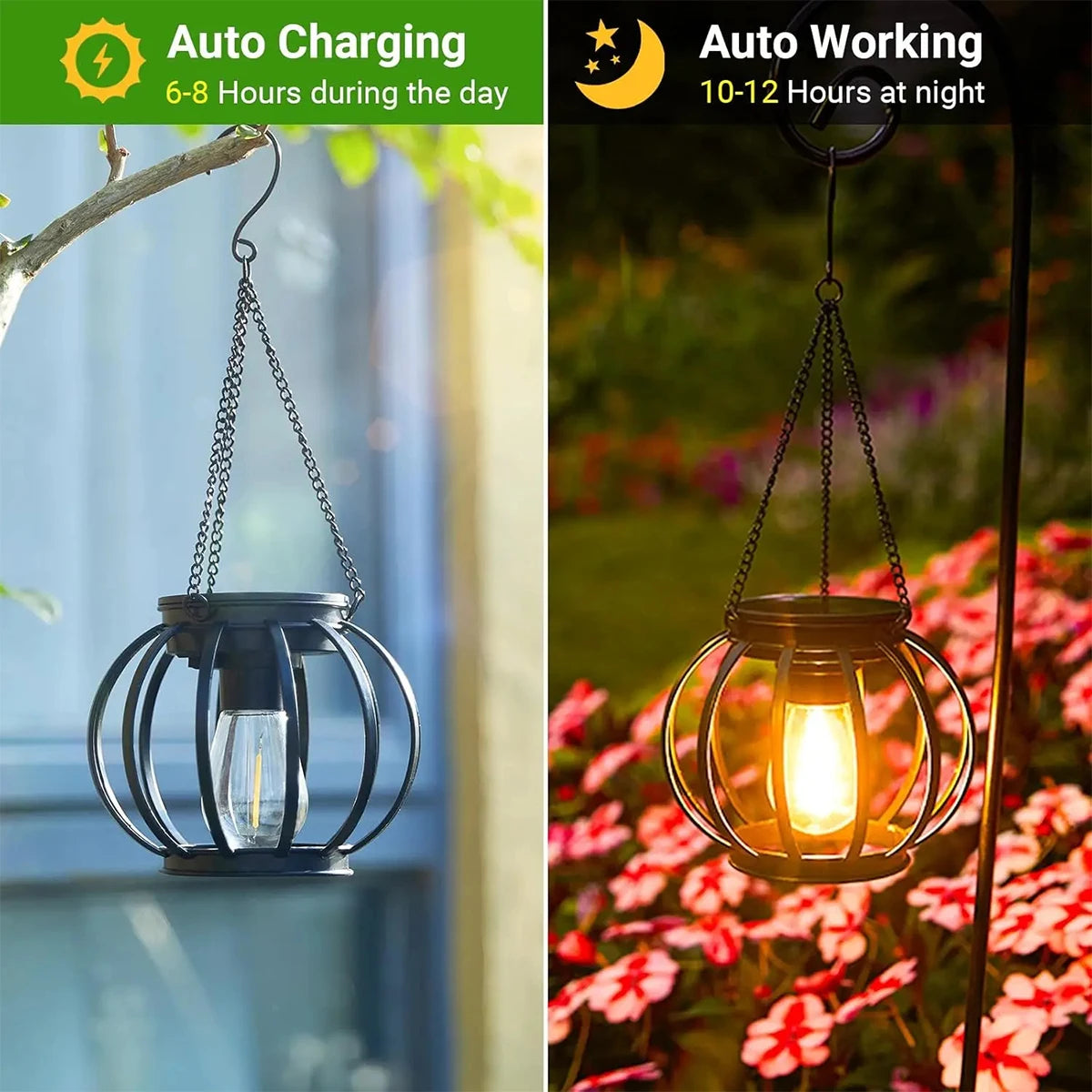 Durable solar garden lantern with metal body and warm light