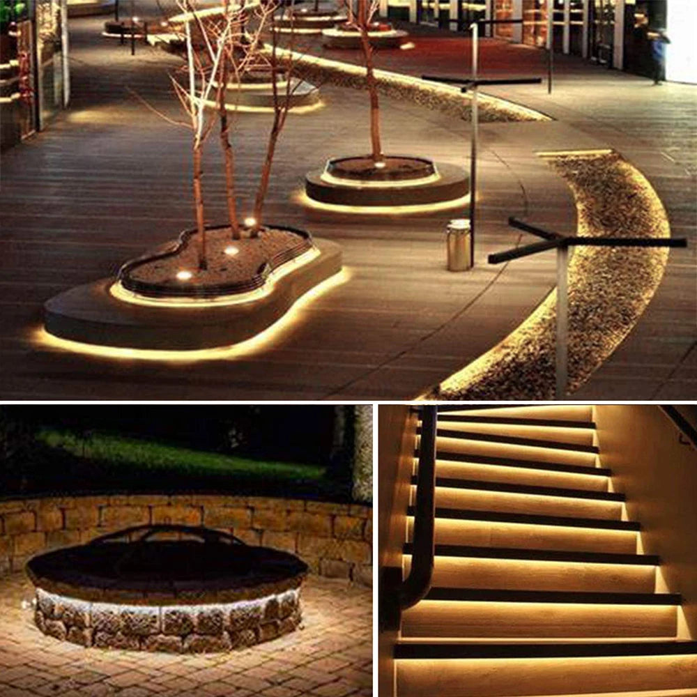 Waterproof 5 m solar LED strip decorating a garden patio