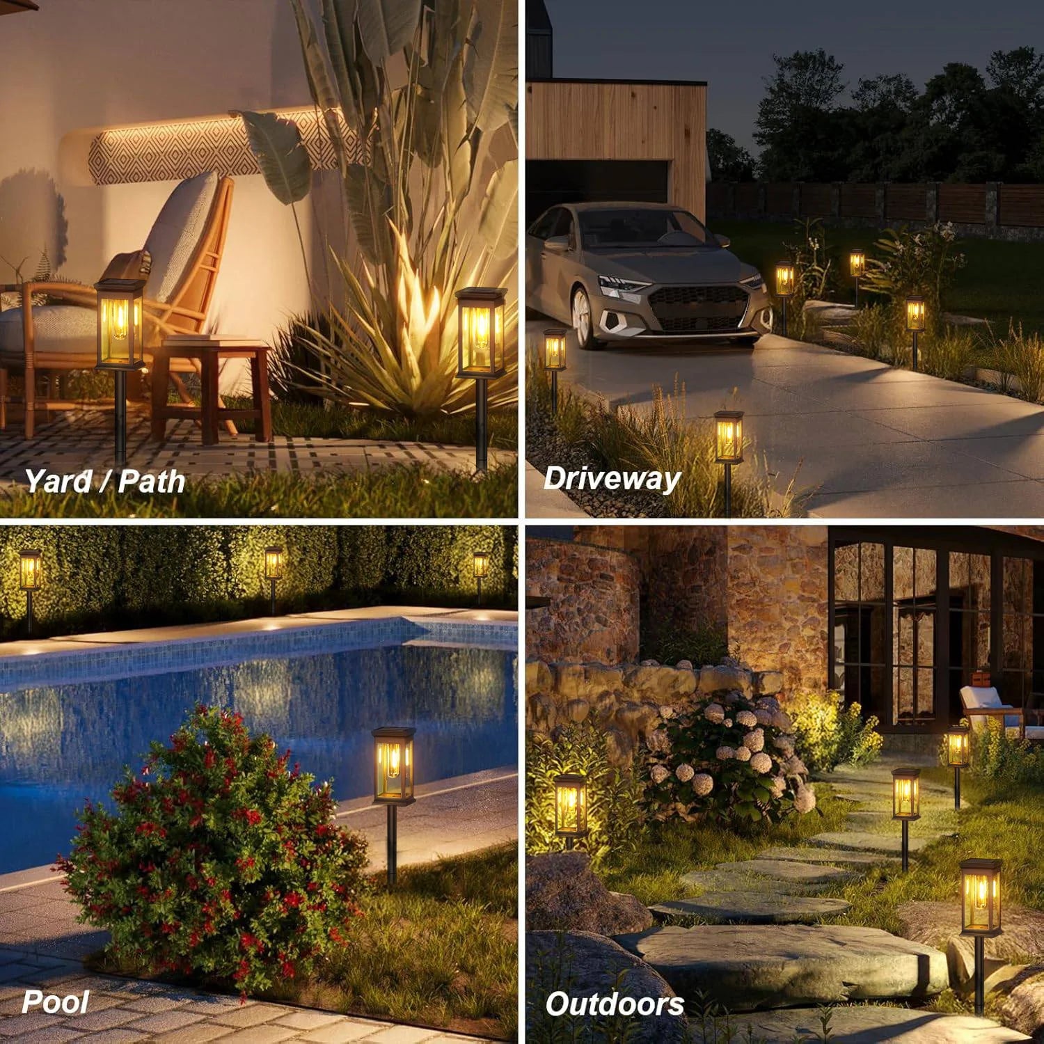 Solar Lights illuminating a garden at night with a soft warm white glow