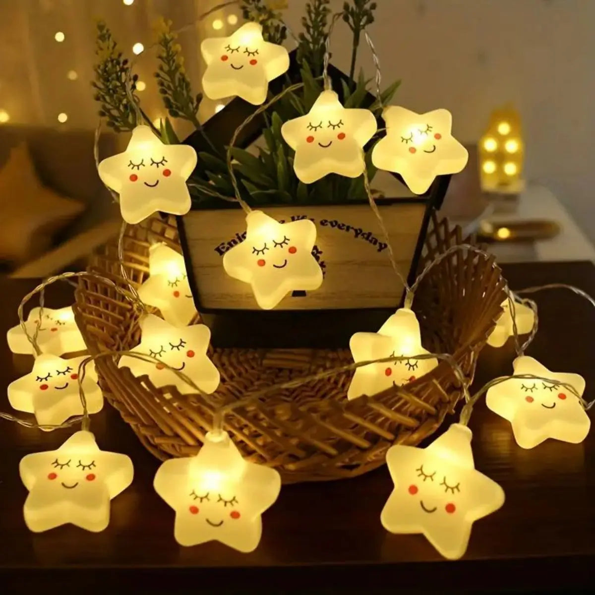 Front view of the Star LED String Lights with warm, glowing LED lights