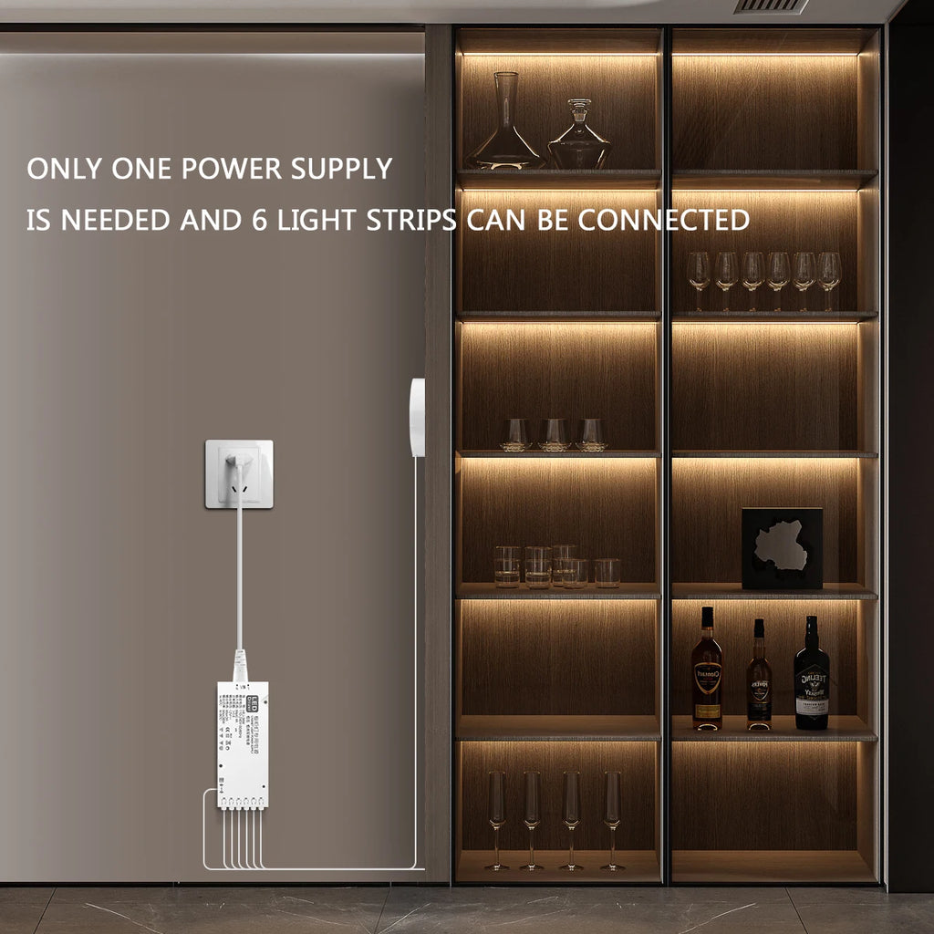 Wooden shelf with built-in lighting and power supply unit on the wall.
