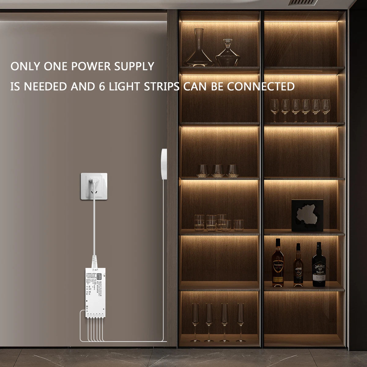 Wooden shelf with built-in lighting and power supply unit on the wall.