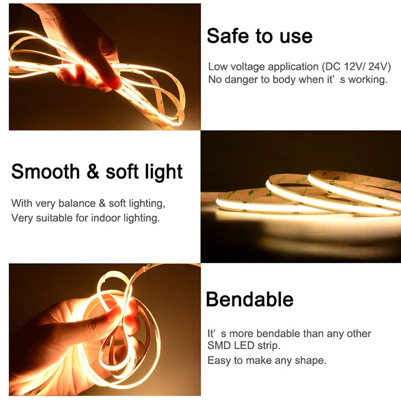 LED strip light with safety, smooth light, and bendable features highlighted.