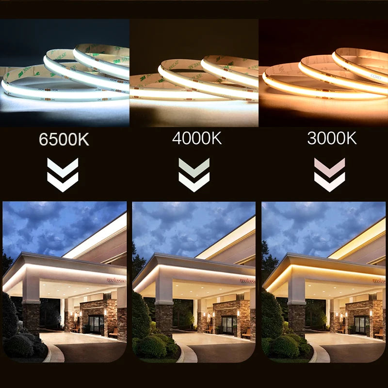LED strip light comparison with different color temperatures on a building exterior.