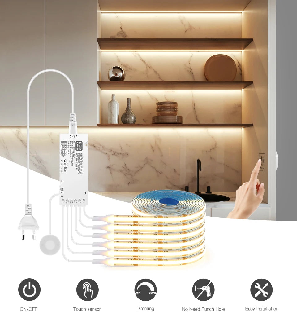 Under-cabinet COB LED strip lights with touch-sensor dimming
