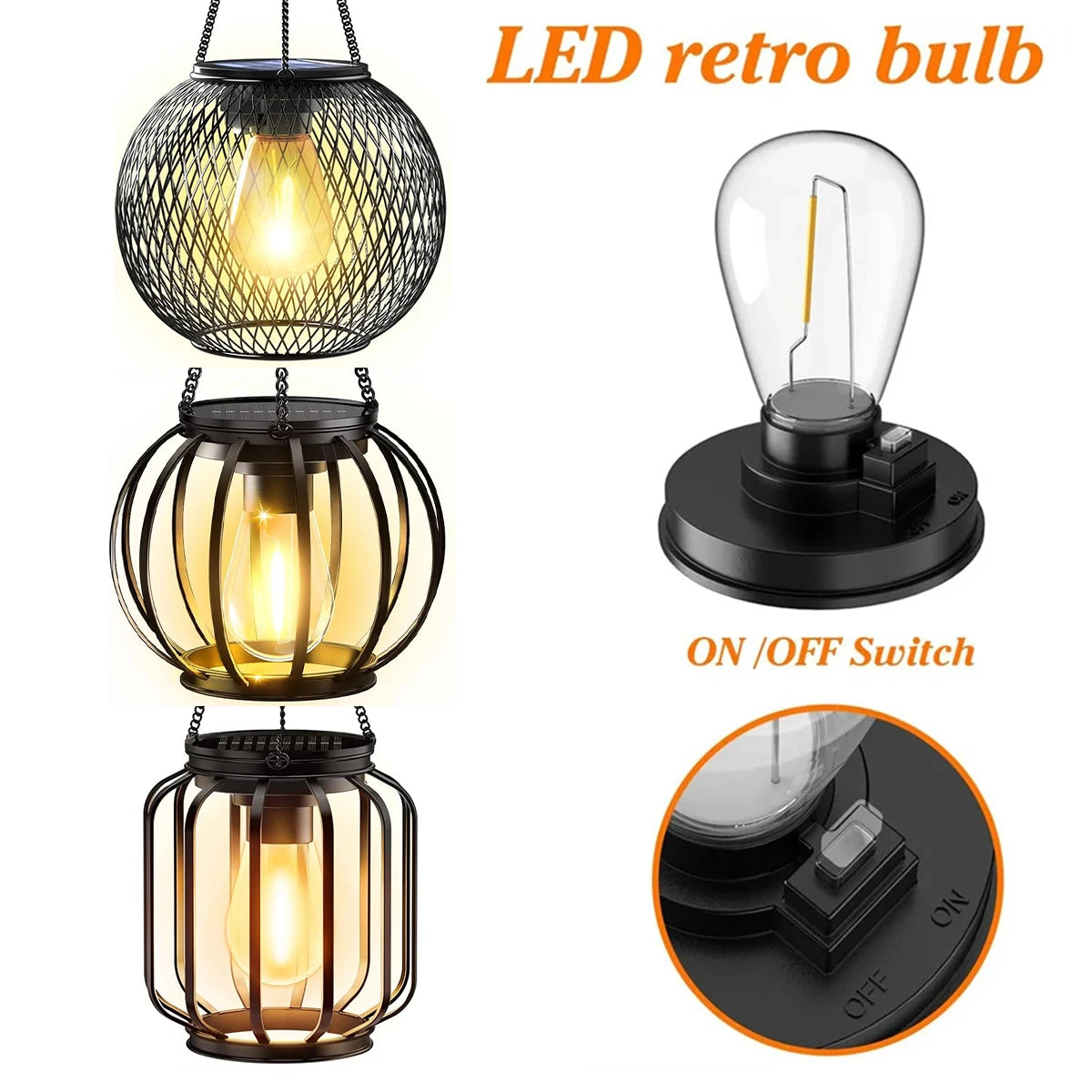 Vintage solar garden lantern waterproof metal body outdoor lighting