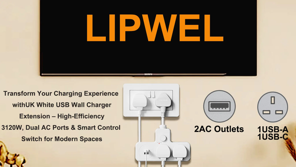 LIPWEL wall charger extension with outlets and USB ports on a beige background