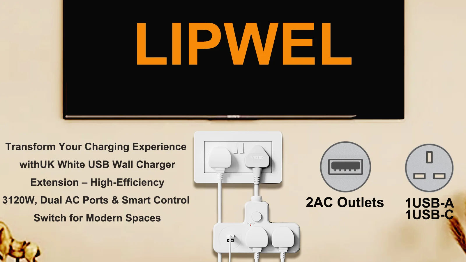 LIPWEL wall charger extension with outlets and USB ports on a beige background