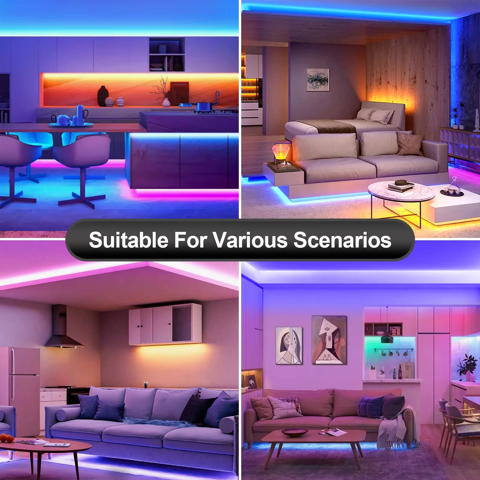 Collage of rooms with colorful LED strip lighting, suitable for various scenarios.