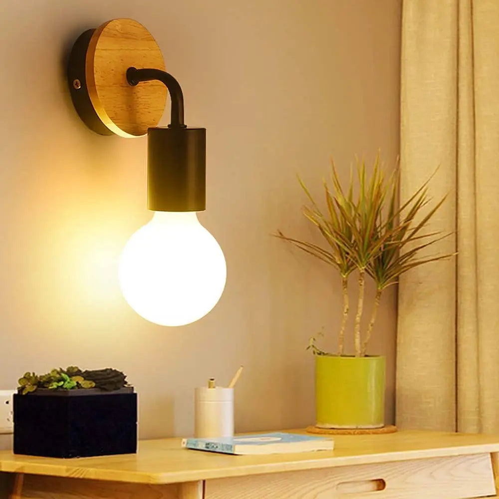 Retro wood and iron wall lamp lighting up a modern living room wall